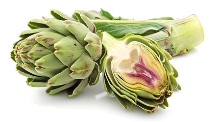 Fresh green artichokes, whole and halved. Close-up on white background. Ideal for healthy food, cooking, and lifestyle images. AI