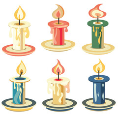 Fototapeta premium Six colorful candles melted wax lit flames various shapes cartoon style isolated white background. Set includes tall, short candles varying colors red, green, blue dripping wax holders. Decorative