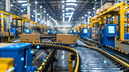 Advanced warehouse automation  conveyor belts moving cardboard boxes alongside digital interfaces