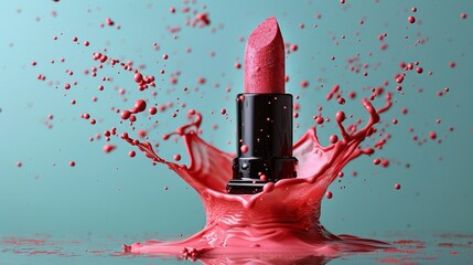 Pink lipstick on bold vivid red paint splash background for vibrant beauty concept