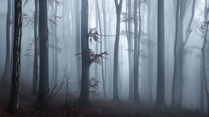 A mystical forest scene with towering trees shrouded in mist,Minimalist composition emphasizing the...