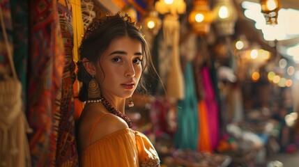 Obraz premium Young woman in colorful traditional market, wearing yellow dress, gazing into camera amid vibrant fabrics and warm lights in busy background