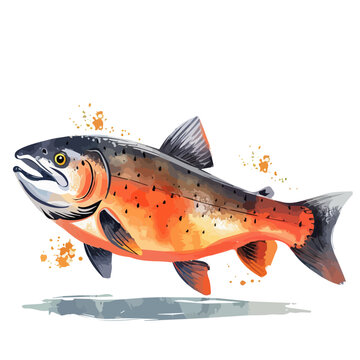 recommend clip art: Watercolor clipart vector of a salmon fish cartoon, isolated on a white background, salmon vector, Illustration painting, Graphic logo, drawing design art