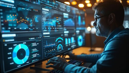 SEO expert optimizing website, high-tech interface, analytical charts, coding elements, seamless digital integration