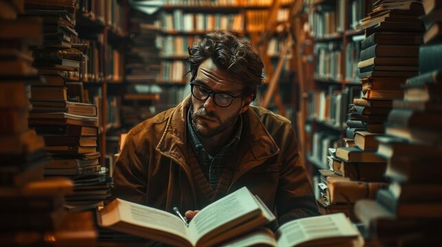 Man reading a book in an old library full of books. Cozy and warm light creates a studious and reflective mood. Perfect for academic and educational themes.