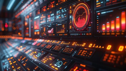 Obraz premium Vibrant digital market scene with diverse gadgets, charts, and online ads, showcasing dynamic interaction and growth, futuristic interface