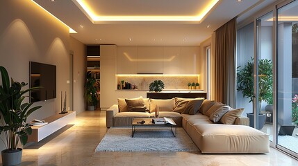 A living room with a couch, a coffee table, and a potted plant. The room has a modern and minimalist design, with a white wall and a beige couch. The potted plant adds a touch of greenery to the space