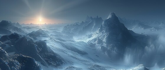 Fototapeta premium A vast, icy landscape with snow-covered plains, jagged glaciers, and a pale winter sun.