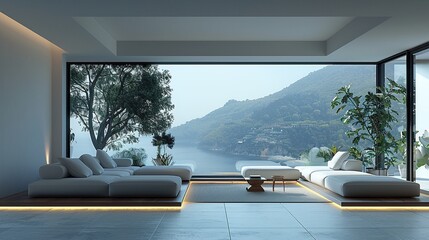 Obraz premium A large open living room with a view of the ocean
