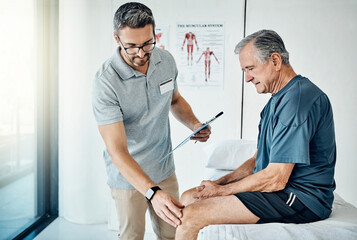 Physiotherapy, chiropractor and senior man with knee pain for rehabilitation, recovery and...