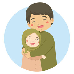 Muslim father hugging daughter. Happy Muslim family vector character