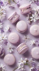 wallpaper pattern of macarons with lilac cream and flowers in the style of flat lay photography