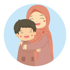 Muslim mother hugging son. Happy Muslim family vector character