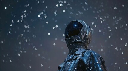 Astronaut in a starry night, standing alone gazing at the stars. Cosmic scene with space-themed elements and twinkling lights. AI-generated image.