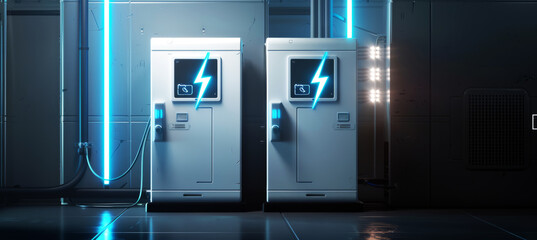 3D rendering of two square charging boxes with a blue lightning icon 