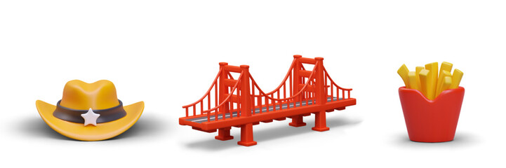 Set of icons, symbols of America. Sheriff hat, Golden Gate Bridge, French fries