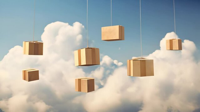 Delivery, package or boxes blue sky for distribution, logistics and transportation or cargo. Ecommerce, parcel or courier service for online purchase, retail and product or supply chain background