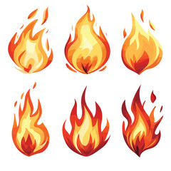 Six different cartoon flame graphics illustration. Vivid orange red hues showcase fire various stylized shapes. Hot, burning fire designs suitable icons game graphics