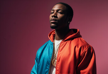 portrait of a black-skinned rapper in the studio against a colorful background
