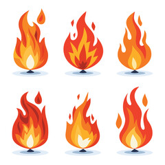 Collection six different flame designs vibrant red orange yellow, fire icon has unique shape dynamic flame contours suitable various uses. Cartoon style flames ideal safety instructions graphics
