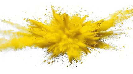Yellow powder explosion with particles flying in all directions, creating a dramatic and chaotic effect. Isolated on a white background, the image emphasizes the intensity and energy of the explosion.
