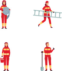Set of four illustrated firefighters with various equipment on a white background
