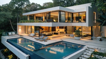 A large white house with a pool and a large glass window