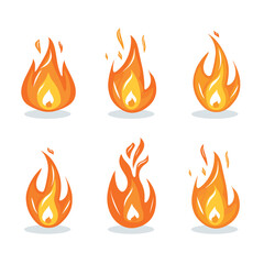 Six cartoon fire flames set isolated white background. Different styles fire icons web, games, animation. Warm colors, red, orange, yellow, simple curved shapes, flat design