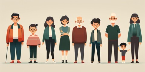 a photorealistic image of 8 young and old people next to each other smiling, calm environment with minimalistic design 