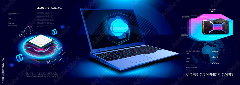 Poster futuristic cyber banner with open laptop and computer components. processor, video card and laptop w