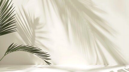 Fototapeta premium Minimalistic summer background with blurred palm leaf shadows on cream wall