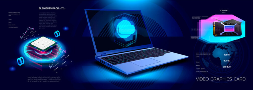 Futuristic cyber banner with open laptop and computer components. Processor, video card and laptop with parameters and characteristics. Modern computer technologies and developments