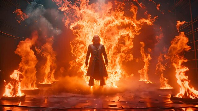 fire show, dancing with flame, male master fakir with fire works, performance outdoors, flame control man,generative ai
