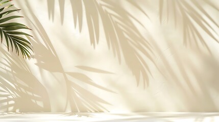 Minimalistic summer background with blurred palm leaf shadows on cream wall