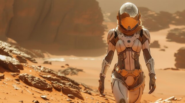 female in futuristic armor in a desert on Mars-like planet, in the style of dark silver and dark bronze, random ravels, sharp/prickly, scoutcore, dau al set, depicts real life, leather/hide 
