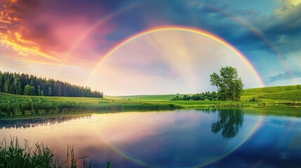 a vibrant rainbow arching over a picturesque farm landscape, where a tranquil lake reflects the colorful sky of a summer sunset, amidst lush trees and the glow of a sunny day.