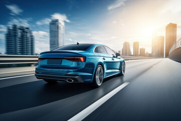 Blue sedan driving on city highway. Blurred background with copy space