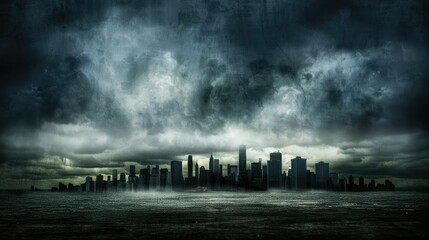 a city skyline shrouded in dark clouds and rain, evoking a sense of impending doom and representing the tumultuous end of an era amidst natural disaster or war.