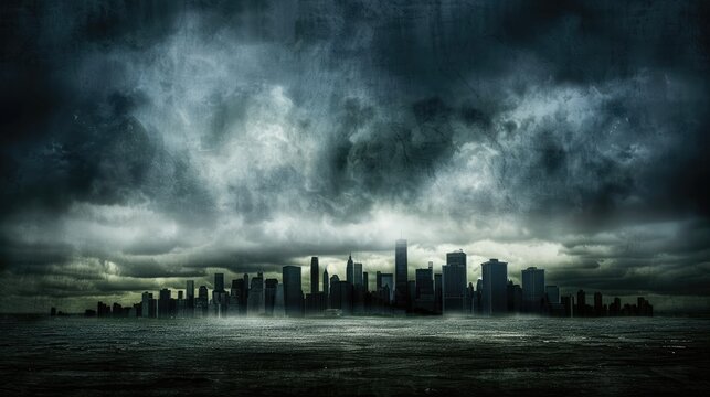 a city skyline shrouded in dark clouds and rain, evoking a sense of impending doom and representing the tumultuous end of an era amidst natural disaster or war. - Powered by Adobe
