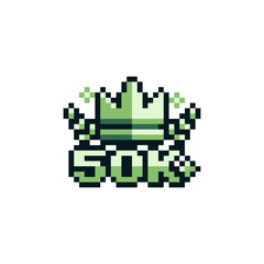 Obraz premium 50 k pixel art icon, crown, medal, stamp emblem subscribers, likes. Best sale, certificate. Sticker design. 8-bit sprites. Isolated vector illustration. Old school computer graphic style. 