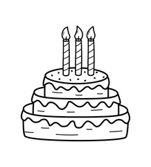 Birthday cake with candles doodle icon. Vector illustration of the holiday concept, sweet dessert baking cakes and cream. Isolated on white.