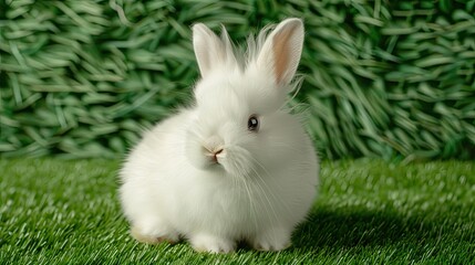 Fototapeta premium a cute white baby bunny nestled amidst lush green grass, offering a delightful visual contrast and evoking feelings of tenderness and serenity, with ample copy space for versatile usage.