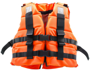 A bright orange life vest with black straps, isolated on a white background.