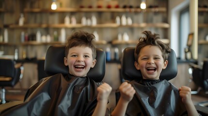 Happy Kids Getting Haircut at Barber Shop