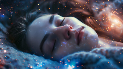The close up picture of the caucasian female human that laying down for sleeping on the sea of the galaxy space that act like pillow that look fluffy and soft at the bright sky of a universe. AIGX03