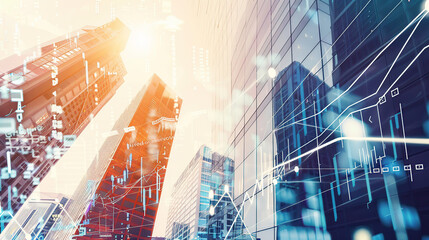 A stock market graph and skyscrapers in double exposure, representing business growth or financial success.