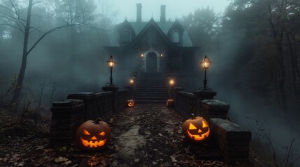 Spooky Haunted House with Glowing Jack-O'-Lanterns on Foggy Night