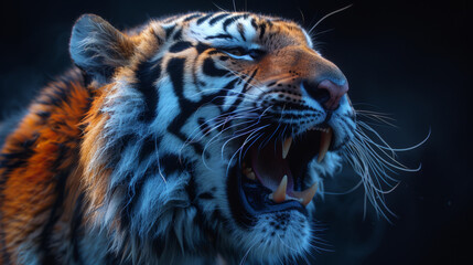 Obraz premium Growling tiger on a black background. Close-up of a tiger predator for design.
