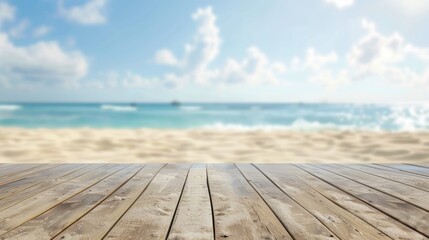 Fototapeta premium Blurred sand beach background with wooden floor