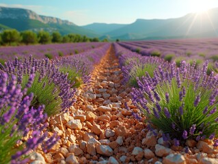 Fototapeta premium Lavender Fields: Endless fields of blooming lavender stretching to the horizon, under a clear, sunny sky.